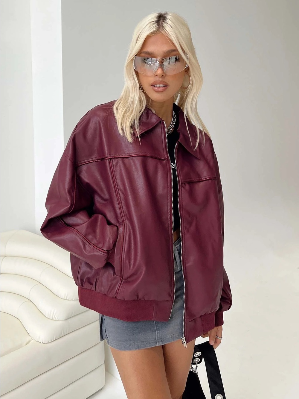 Princess Polly Oversized Burgundy Leather Bomber Jacket